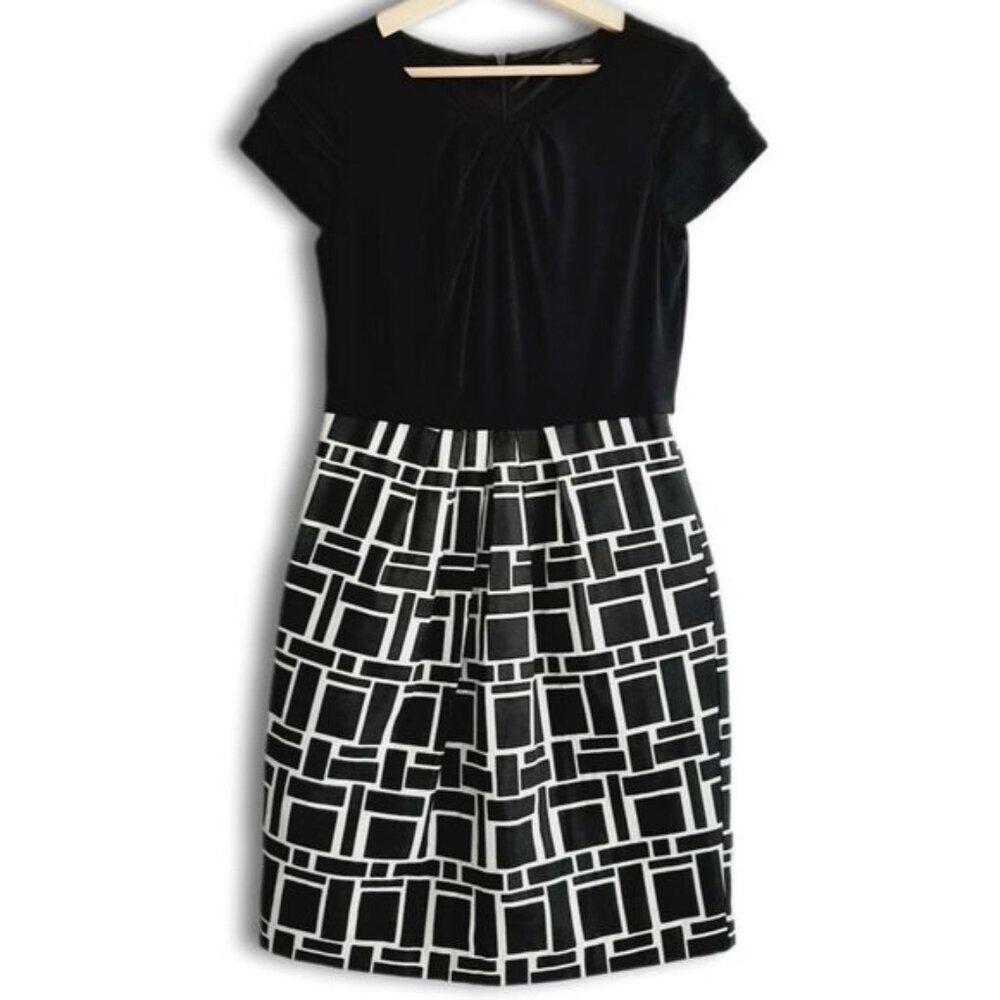 MAX & CLEO / Mixed Media Defined Waist Dress w/ Pockets Geometric Pattern B&W 8